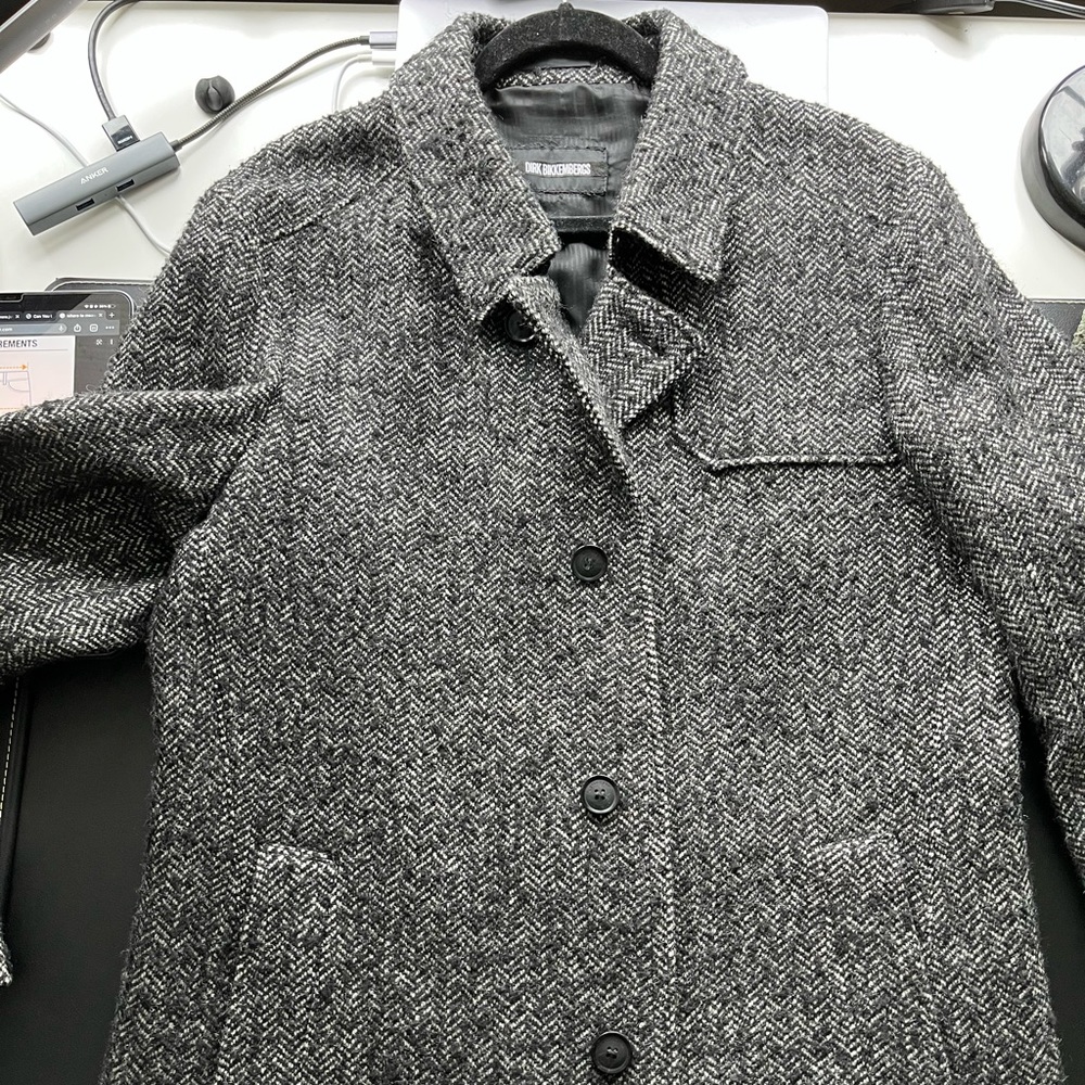 Dirk Bikkembergs Mens Herringbone Wool Coat with Strellson Hardware - Size Large
